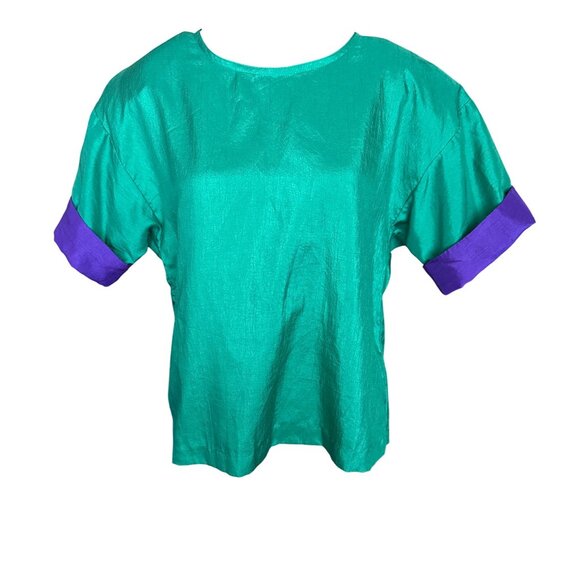 Vintage Joan Walters Green & Purple Polyester Short Sleeve Blouse Size S Made In - Picture 1 of 4